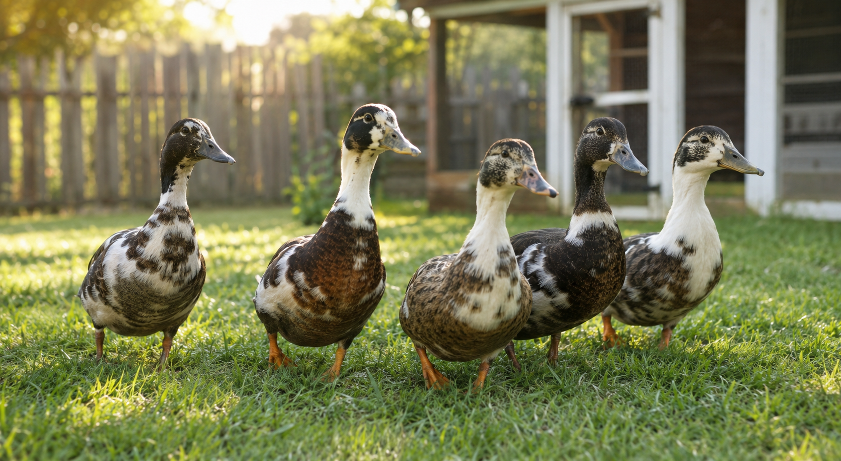 Welsh Harlequin ducks outside in grass